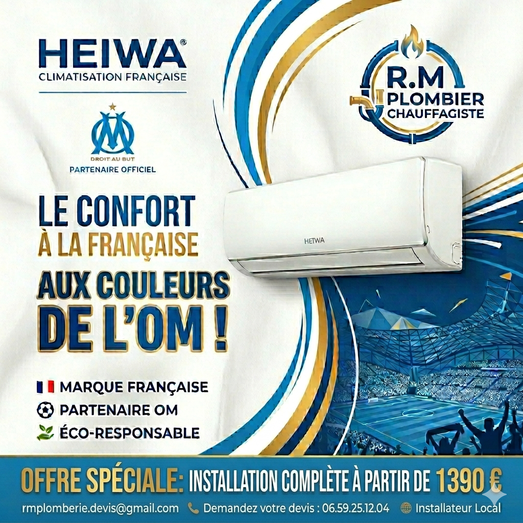 HEIWA Climatisation française - partenaire officiel de l'OM, offre spéciale R.M Plombier Chauffagiste Clim