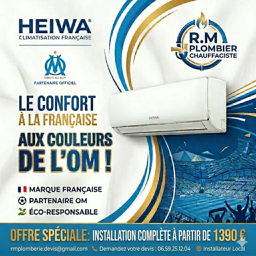 HEIWA Climatisation française - partenaire officiel de l'OM, offre spéciale R.M Plombier Chauffagiste Clim